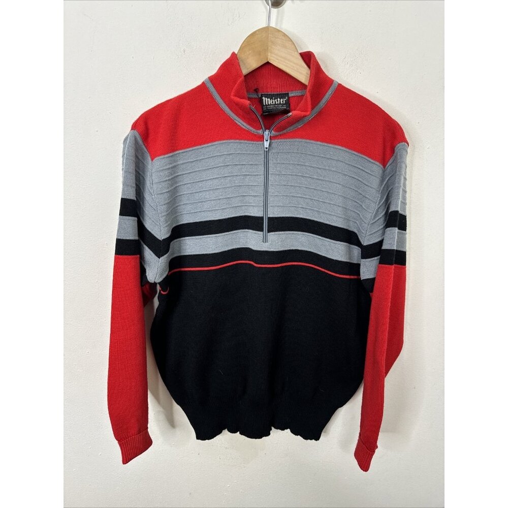 Vtg 80s MEISTER Sweater Pullover 1/4 Zip Black Red Gray Wool Blend SKI Men's S